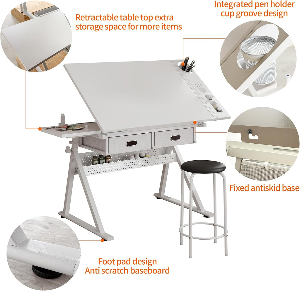 Adjustable Drafting Table with Stool, 0-75Â° Tilting Art Desk, White