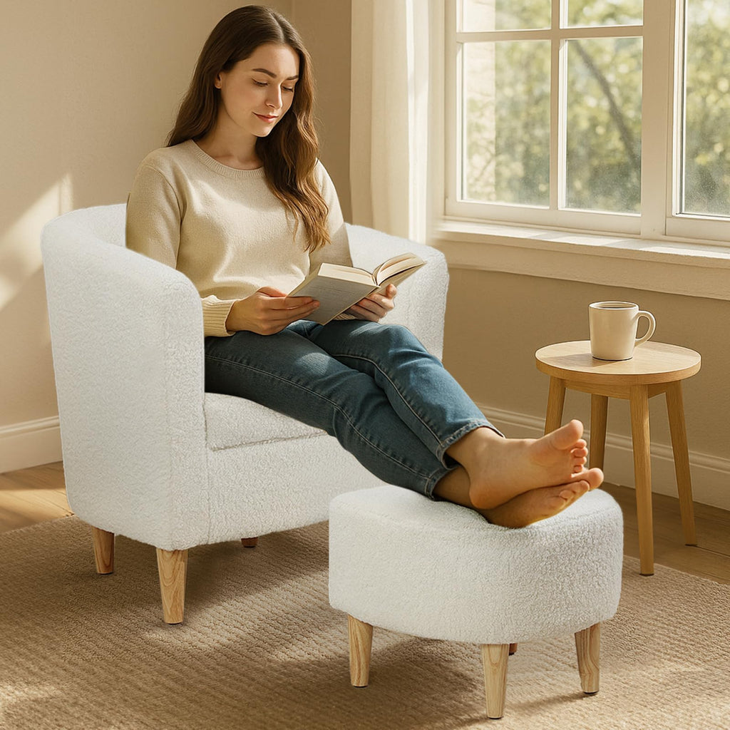 DAZONE Accent Chair with Ottoman, Modern Comfy Armchair Upholstered Barrel Club Chair and Footrest Set, Fabric Tub Arm Chairs for Living Room Bedroom Small Spaces Apartment Office, Set of 2, Gray