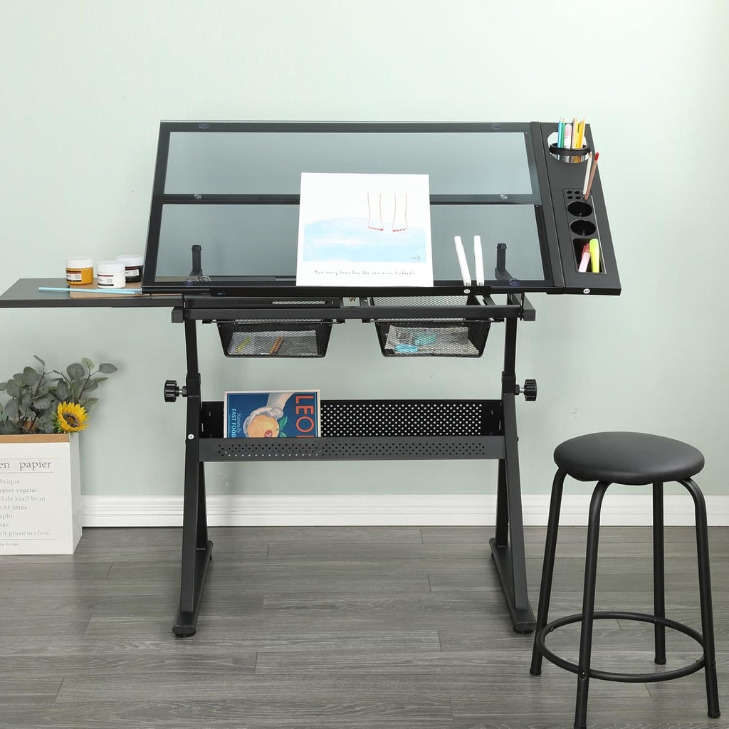 Drafting Table, Height Adjustable Art Tabe with Stool, Black