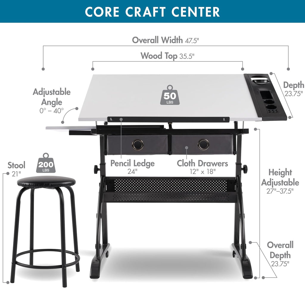 SD Studio Designs Core 2 Pc Craft Center - 35.5" W Angle Adjustable Drafting Table with Cloth Drawers, Side Shelf and Stool