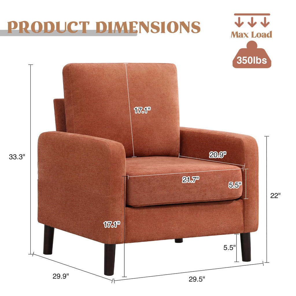 Accent Chair Set of 2, Upholstered Living Room Chairs with Wood Legs and Side Pockets, Modern Reading Chair for Bedroom, Armchair Single Sofa Side Chair for Office, Small Room, Dark Grey