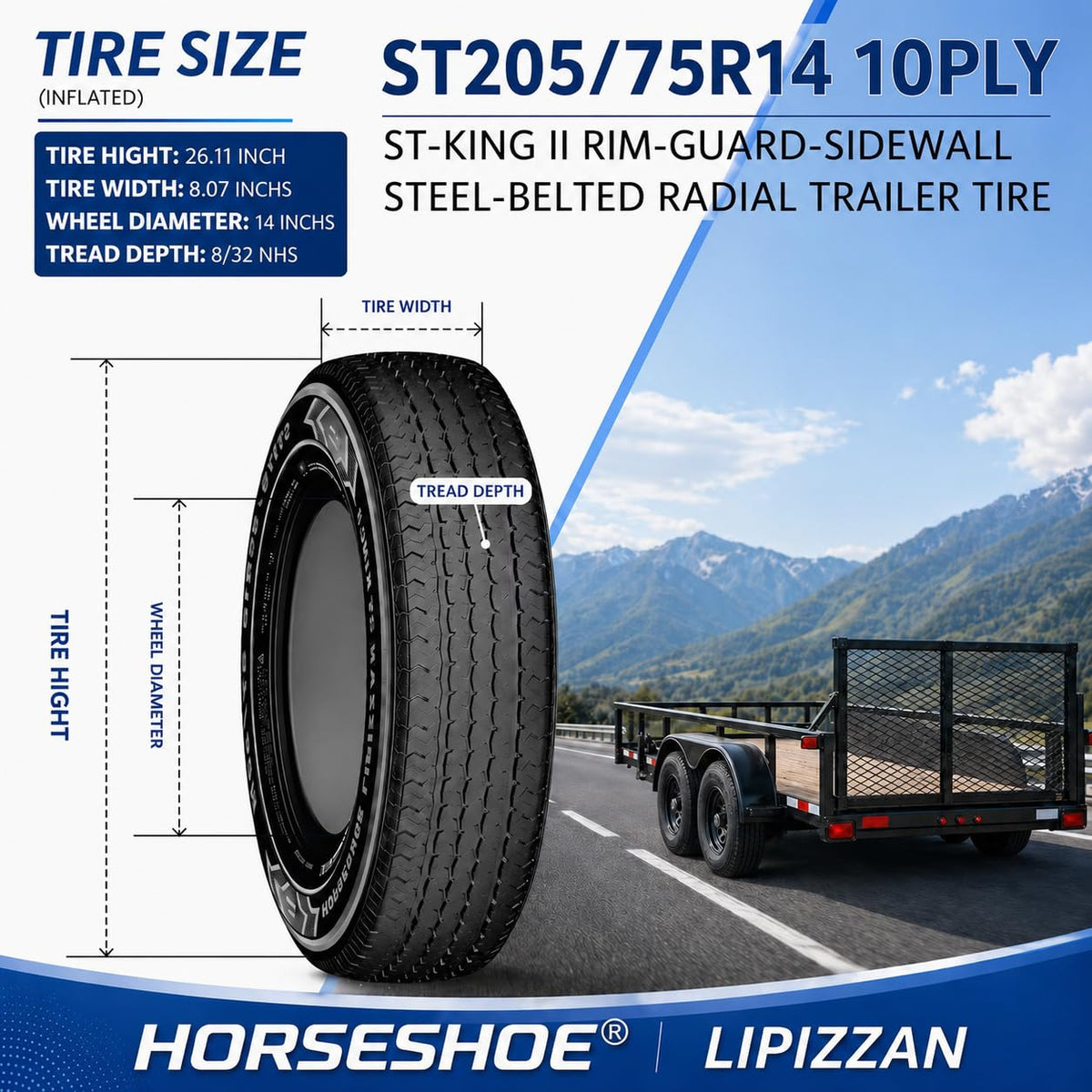 HORSESHOE LIPIZZAN 4 New ST225/75R15 12PR ST-KING II Steel Belted Radial LRF Super Heavy Duty Premium Trailer Tires w/Featured Rim-Guard-Wall 120/115M 81mph BSW 225 7515 A/T A/S (4, ST 225/75R15 12PR)