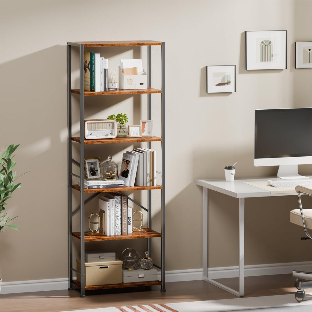 Furologee 5 Tier Book Shelf Set of 2, Tall Wide Bookshelf, Rustic Brown