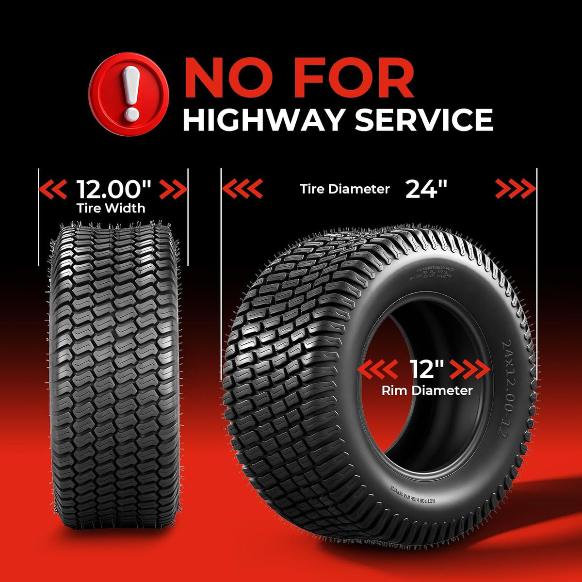 24x12.00-12 Lawn Mower Turf Tires, 8 Ply Tubeless, Set of 2