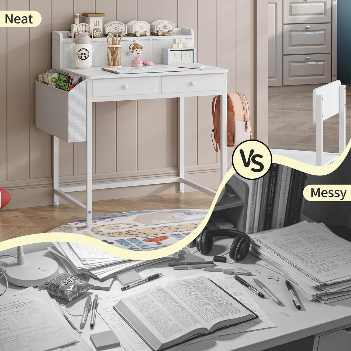 Kids Desk and Chair Set with 5 Fabrics Drawers, Ages 5-8, White