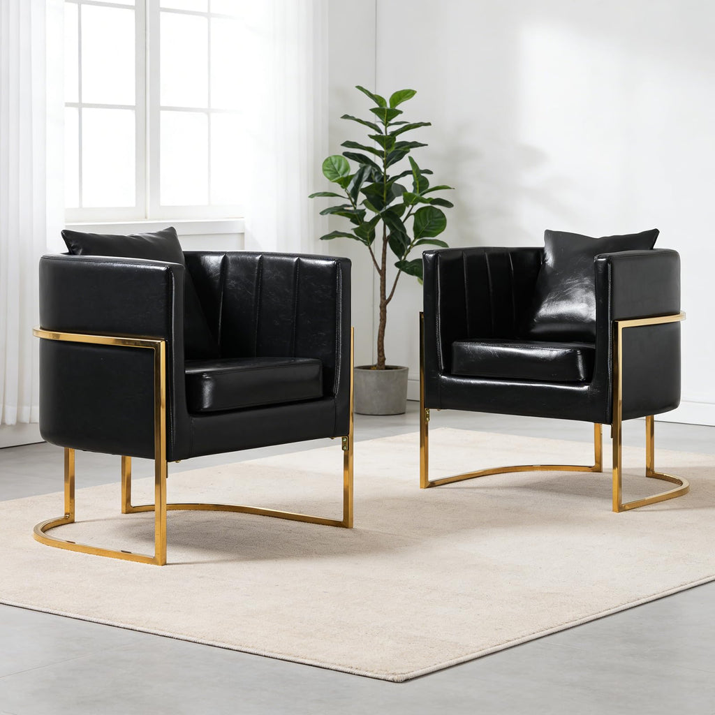 Velvet Accent Barrel Chairs Set of 2, Modern Arm Club Chair Set with Pillow for Living Room/Bedroom/Guest Reception, Channel Tufted, Gold Finish Base, Orange