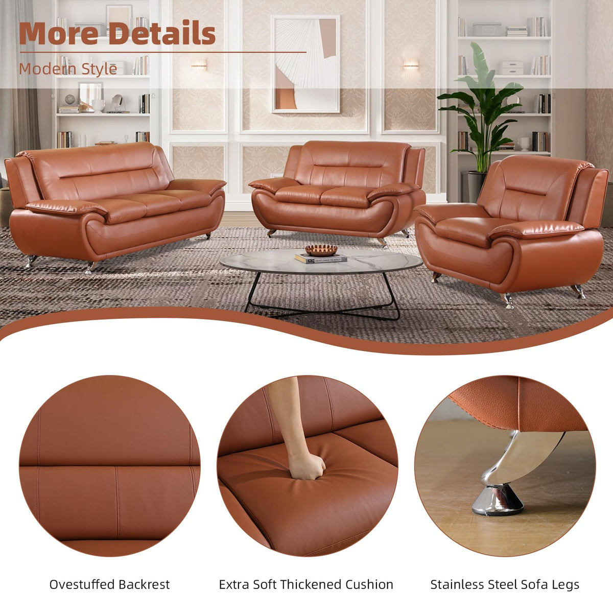 Modern Leather Sofa Set, Living Room Furniture, 3 - Piece Couch Set, Faux Leather Couch Loveseat Chair Set with Sturdy Legs for Living Room/Bedroom/Office,Black