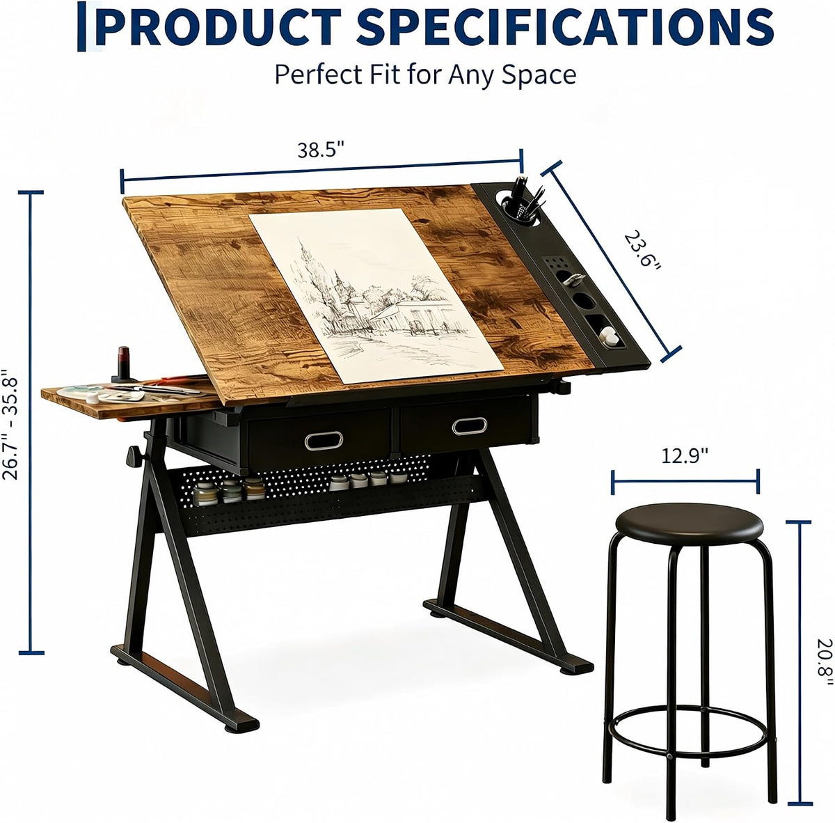Garvee Height Adjustable Drafting Table, 0-75Â°Tilting Drawing Desk