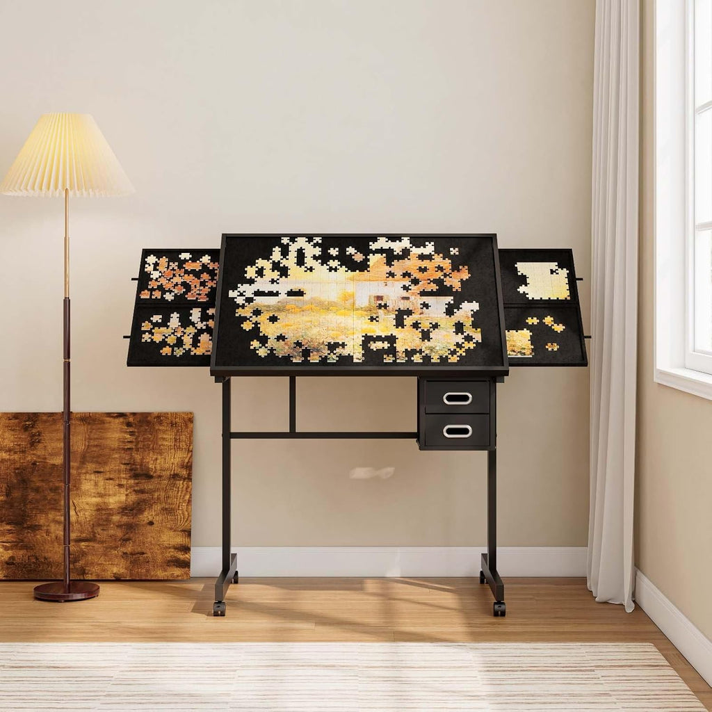 Adjustable Puzzle Table with Cover and 4 Storage Trays,1000 Pieces Jigsaw Puzzle Board with 2 Drawers and Wheels, Tilting Drafting Desk for Home Office, Art Projects, Crafting