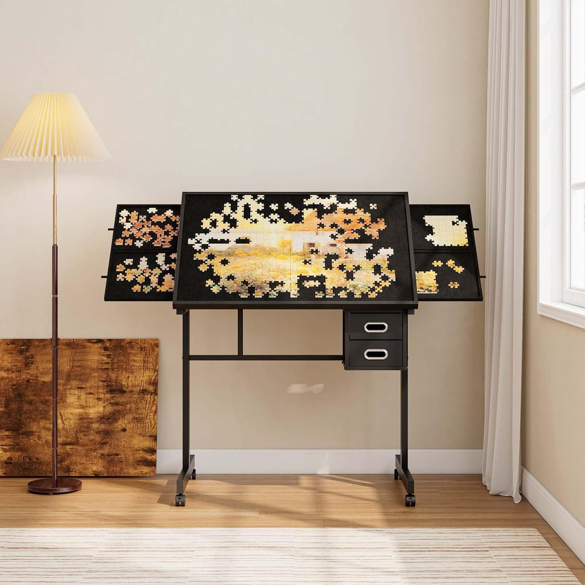 Adjustable Puzzle Table with Cover and 4 Storage Trays,1000 Pieces Jigsaw Puzzle Board with 2 Drawers and Wheels, Tilting Drafting Desk for Home Office, Art Projects, Crafting