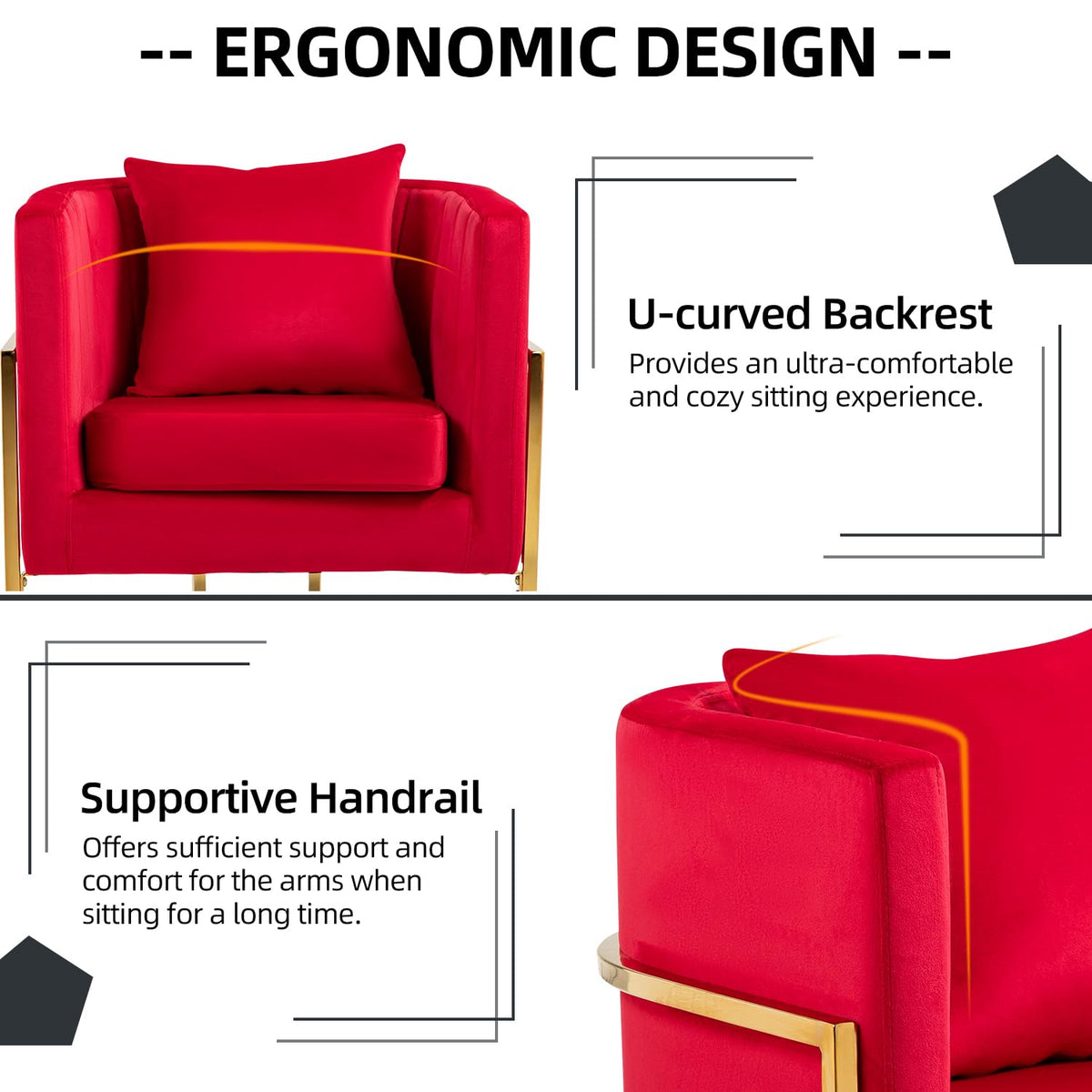 Velvet Accent Barrel Chairs Set of 2, Modern Arm Club Chair Set with Pillow for Living Room/Bedroom/Guest Reception, Channel Tufted, Gold Finish Base, Orange