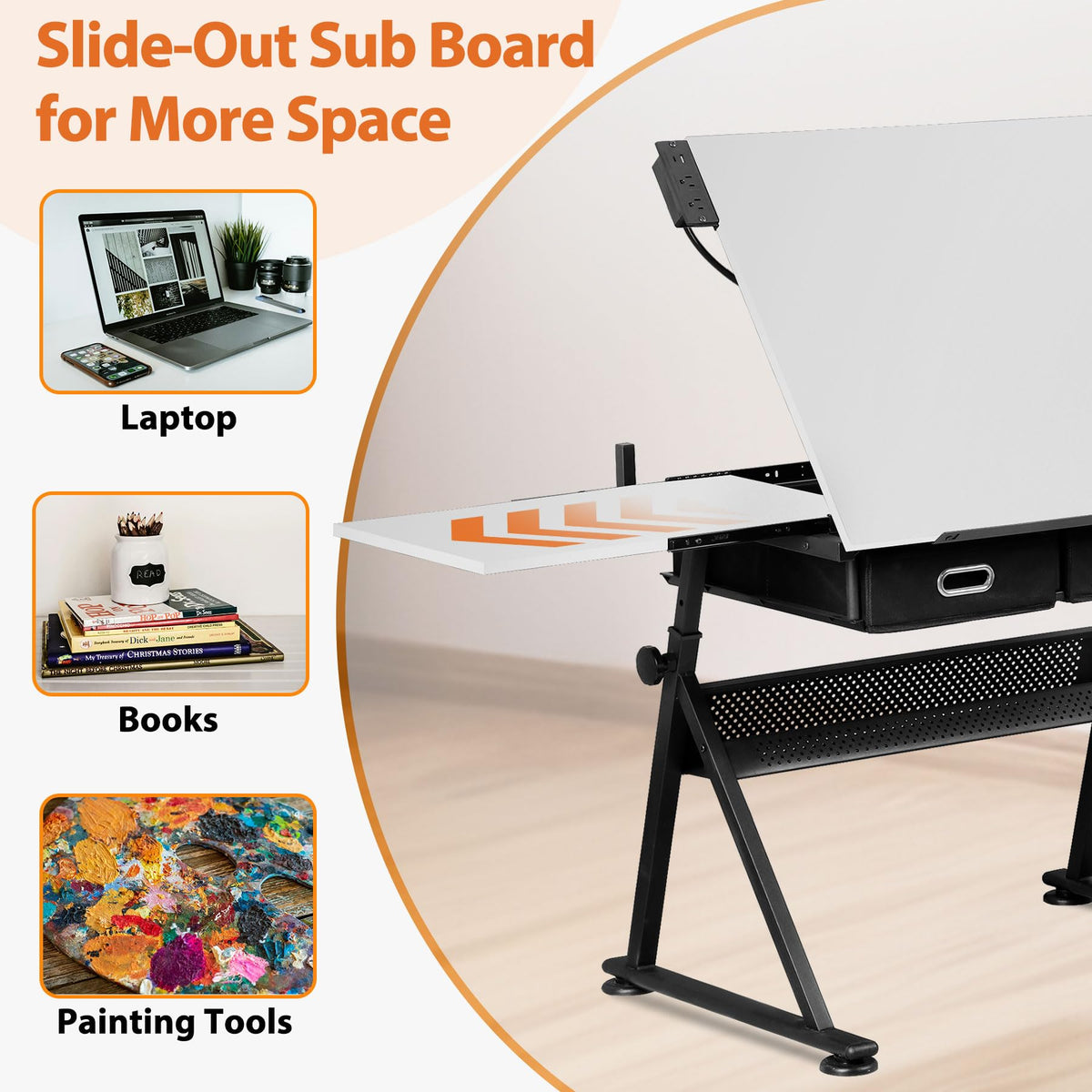 SUPER DEAL Drafting Table Set with Charging Station, Height Adjustable Tilting Drawing Desk Artist Desk with Stool Multifunctional Art Craft Workstation with 2 Storage Drawers for Home Office School