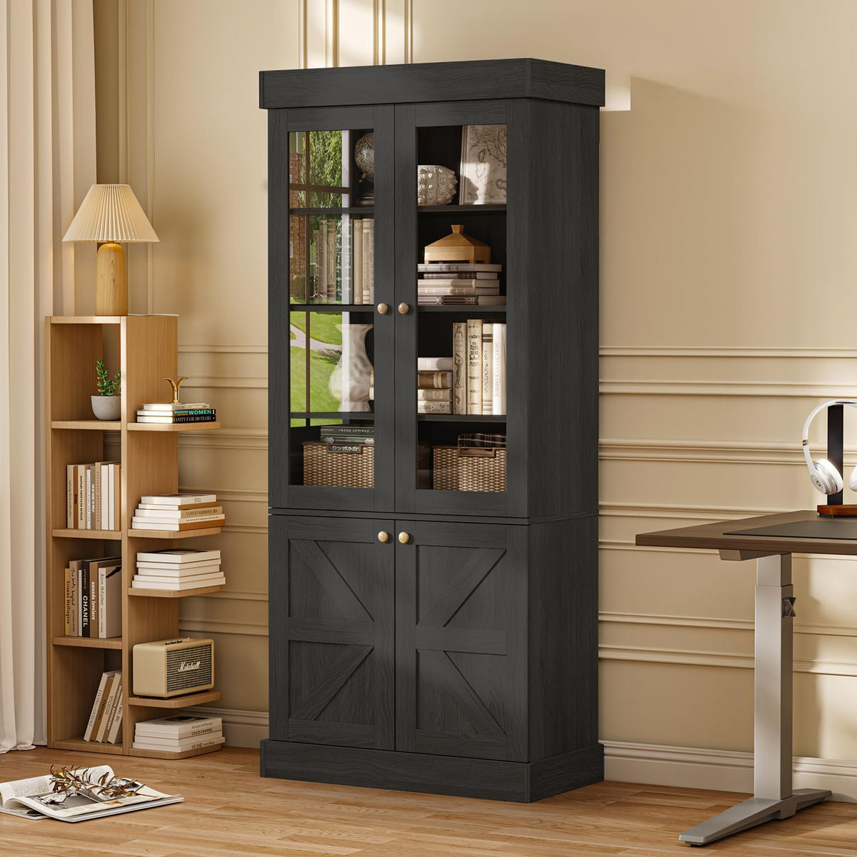 Vyre 71" Tall Farmhouse Bookshelves with Drawers, Set of 3 â Large Modular Bookcase with Adjustable Shelves, Storage Cabinet for Living Room, Kitchen, Home Office, Brown