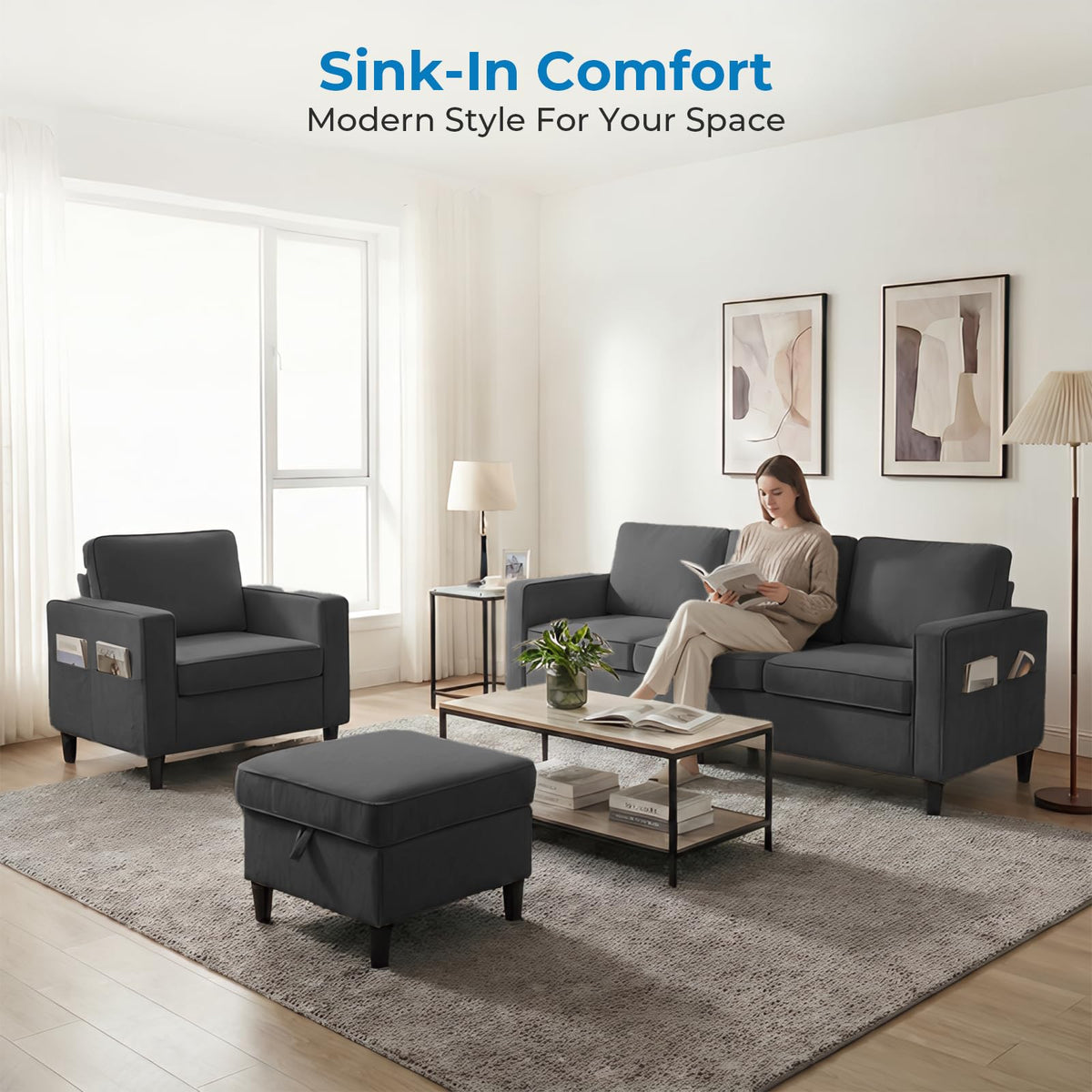 Mjkone 78"W 3 Pieces Sofa Couches Set for Living Room Sets Furniture, Sectional L Shaped 3-Seater Small Sofas Couch and Loveseat Sets with Storage Ottoman and Side Pockets for Home Office, Light Gray