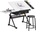 Yaheetech Adjustable Drafting Table Art Desk,Storage Drawers & Stool,White