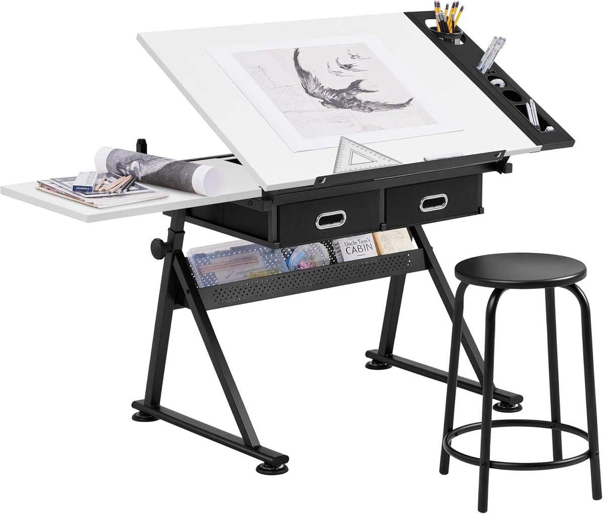Yaheetech Adjustable Drafting Table Art Desk,Storage Drawers & Stool,White