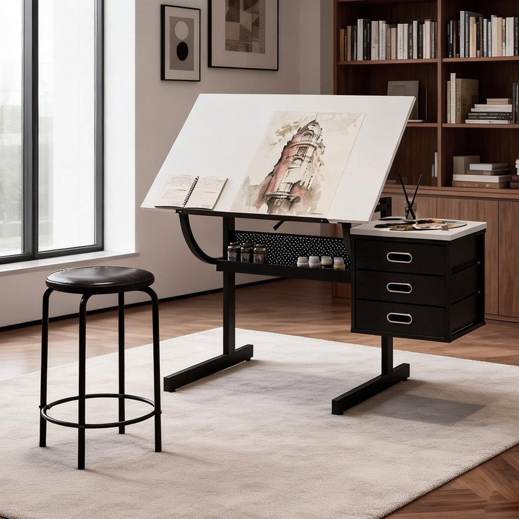 Drafting Table and Stool Set for Adults/Artists, Drawing Table with Adjustable Tabletop and Height, Art Workstation for Painters Crafting Reading Writing Home Office, All White
