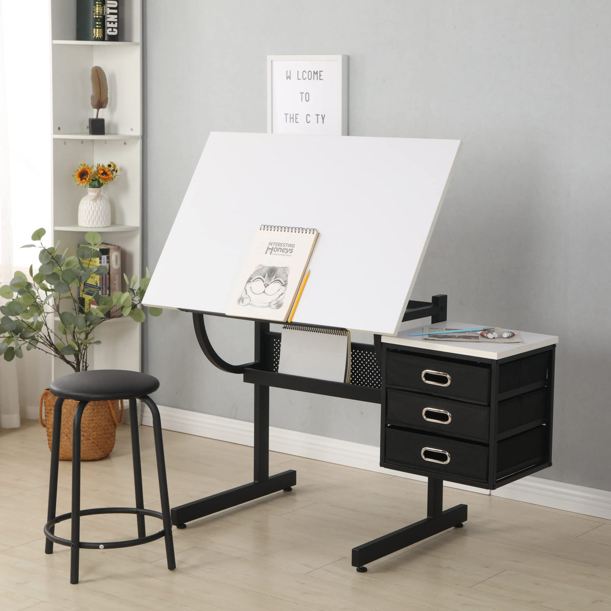 Montary Adjustable-Height Drafting Table with Stool Set - Professional Tilting Art Desk for Drawing, Crafting & Design, Featuring 3 Storage Drawers & Ergonomic Workstation (Rustic Brown)