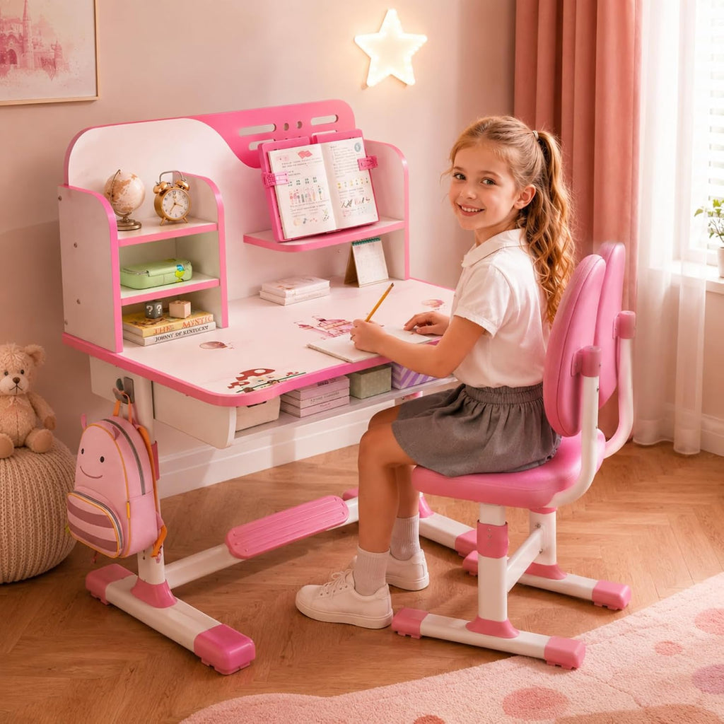 Kids Study Desk and Chair Set for 3-18 Years, Adjustable Height