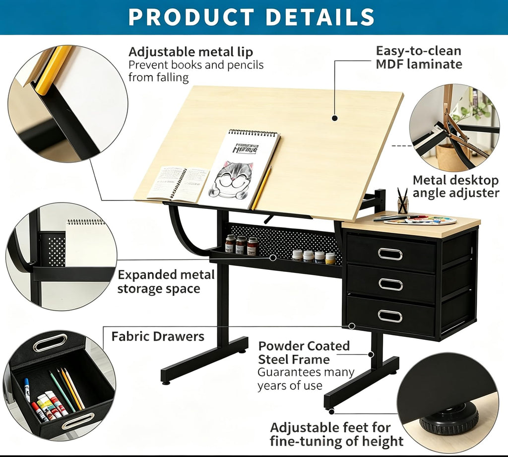 Drafting Table, Height Adjustable Art Table with Stool,T1-All White