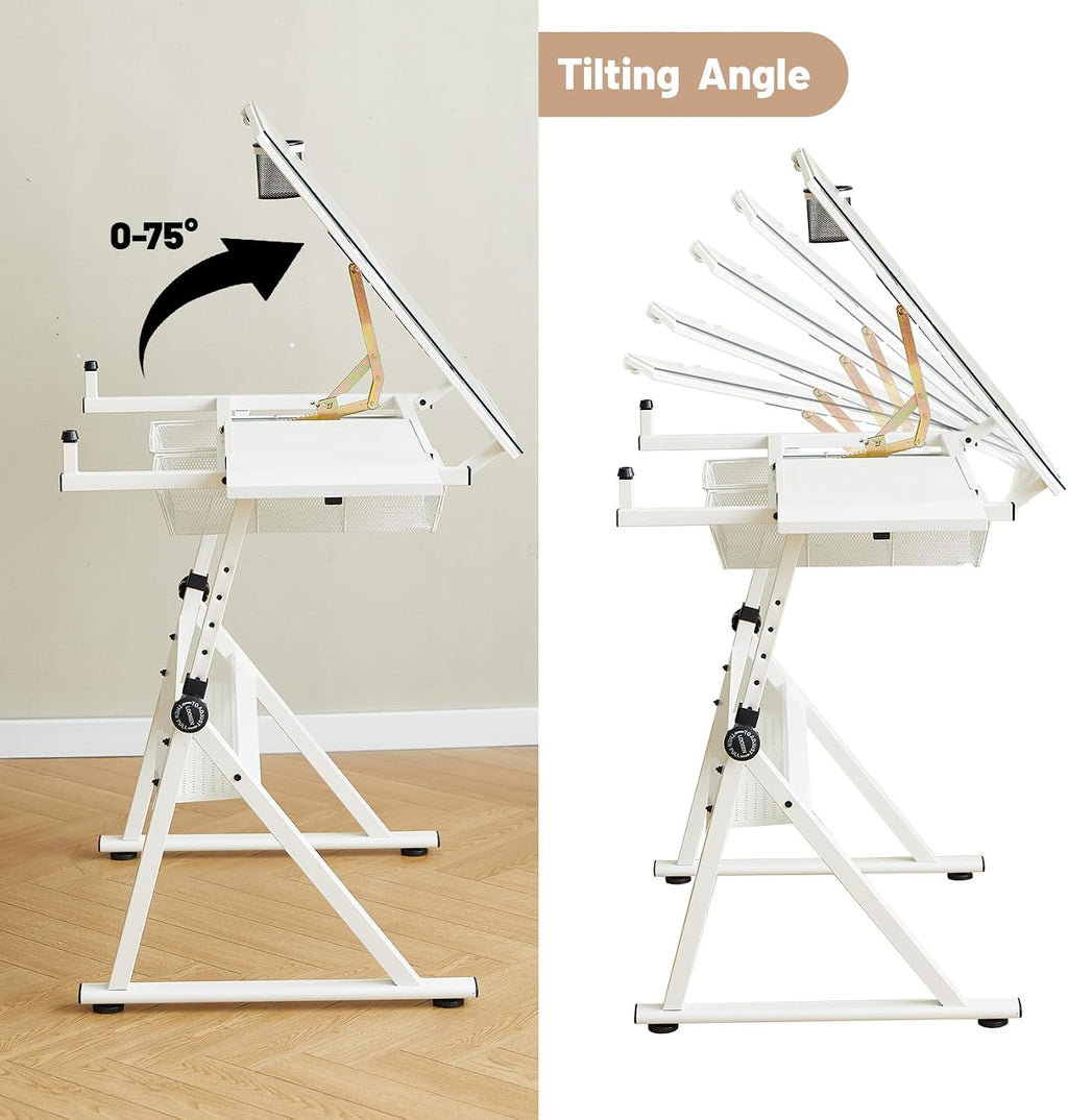White Drafting Table with Stool Height Adjustable Art Craft Desk with Storage, Tilting Tempered Glass Tabletop, Expansion Board, Drawing Table for Home Office, Artists, Painters