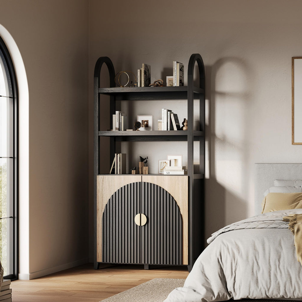 BELLEZE Book Shelf 72" Tall Arched Bookcase with Storage, 5 Tier Mid Century Modern Fluted Bookshelf with Doors, Modular Bookshelves for Living Room Office Library, Set of 2 (Caramel Brown)
