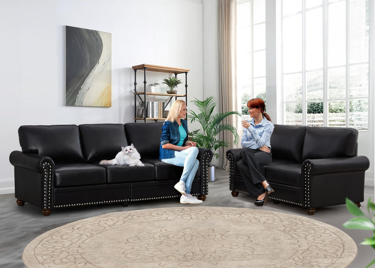 2 Piece Faux Leather Sofa Set,Modern Couch and Loveseat Sets with Storage,Mid Century Couch with Rivet Rolled Arm,Comfy Deep Seat Sofa,Furniture for Living Room,Office(Loveseat+3 Seater,Navy)