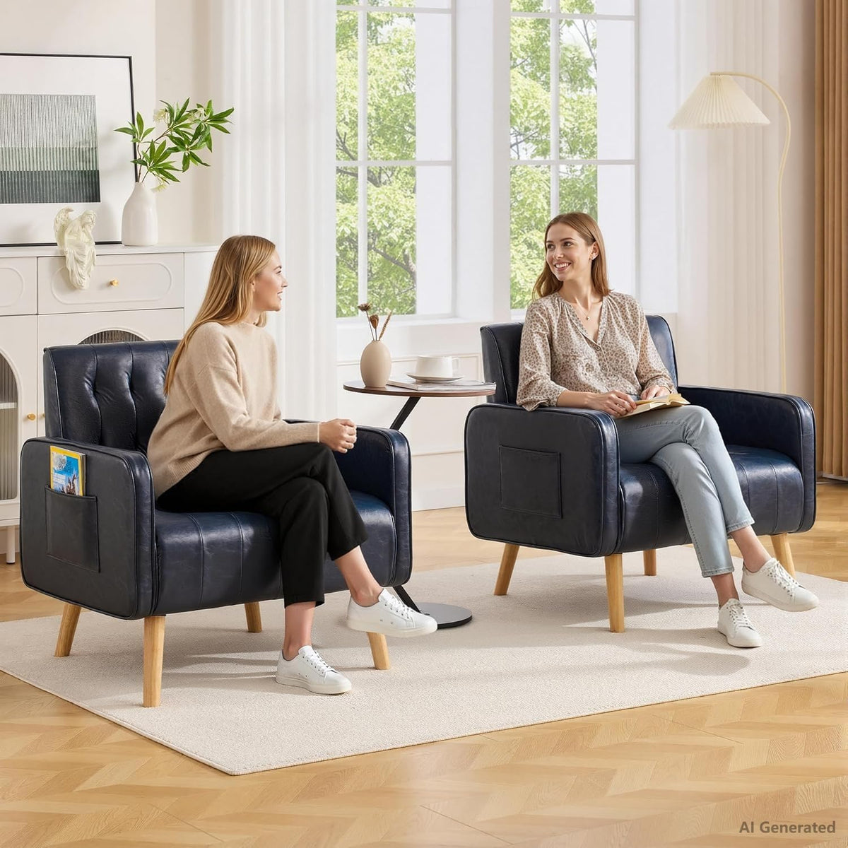 Leather Accent Chair Set of 2, Living Room Chair with Wooden Legs (Black)