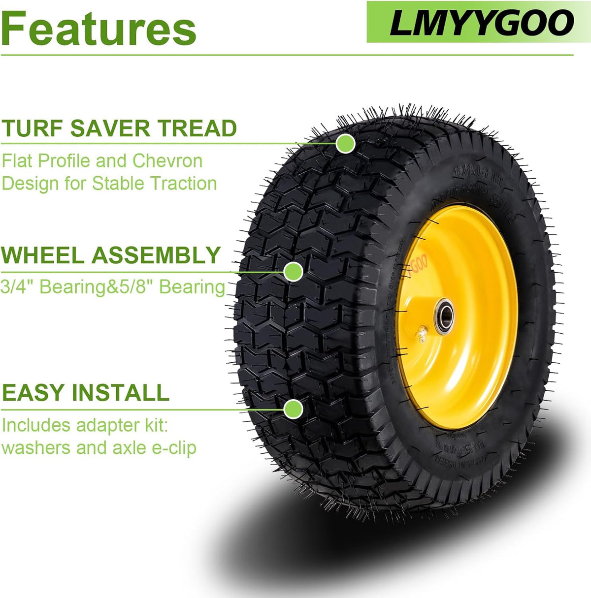 16x6.5-8 Tubeless Tire and Wheel, 2 Pcs Replacement Riding Lawn Mower Garden Tractor Front Wheel Tire with 3" Offset Hub, 3/4" Bearing & 5/8âBearing