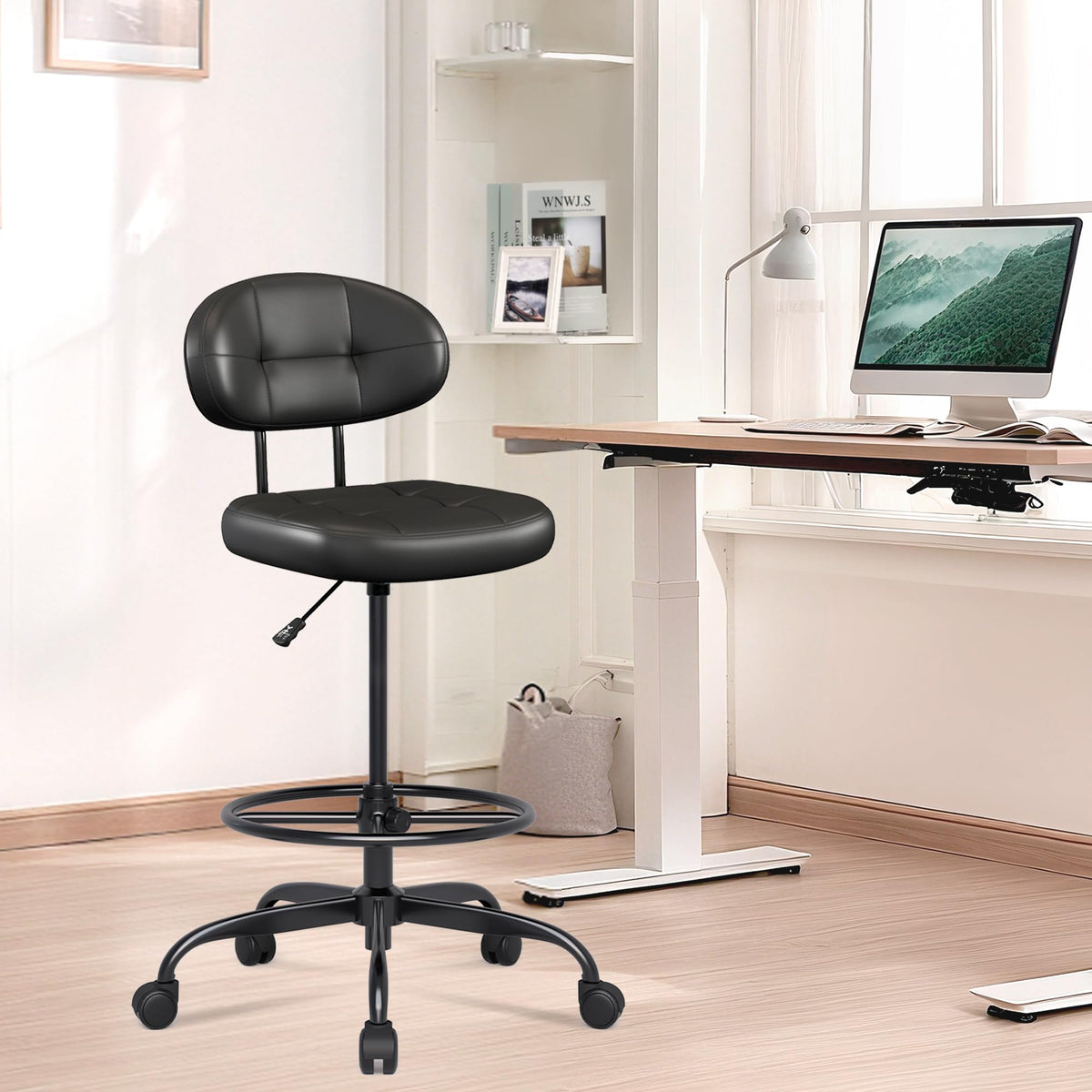 Misolant Drafting Chair, Armless Tall Office Chair with Footrest Ring for Standing Desk, Small Faux Leather Executive Computer Chair with Adjustable Height for Bar Lab Counter Height Desk, Green