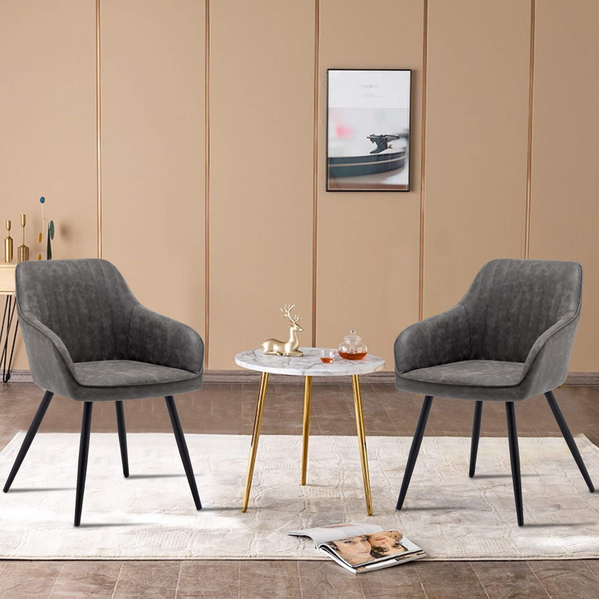 annjoe Faux Leather Accent Arm Chairs for Living Room Leisures/ Upholstered Chair with Metal Legs Set of 2 for Home Kitchen Office Bistro Cafe, Brown