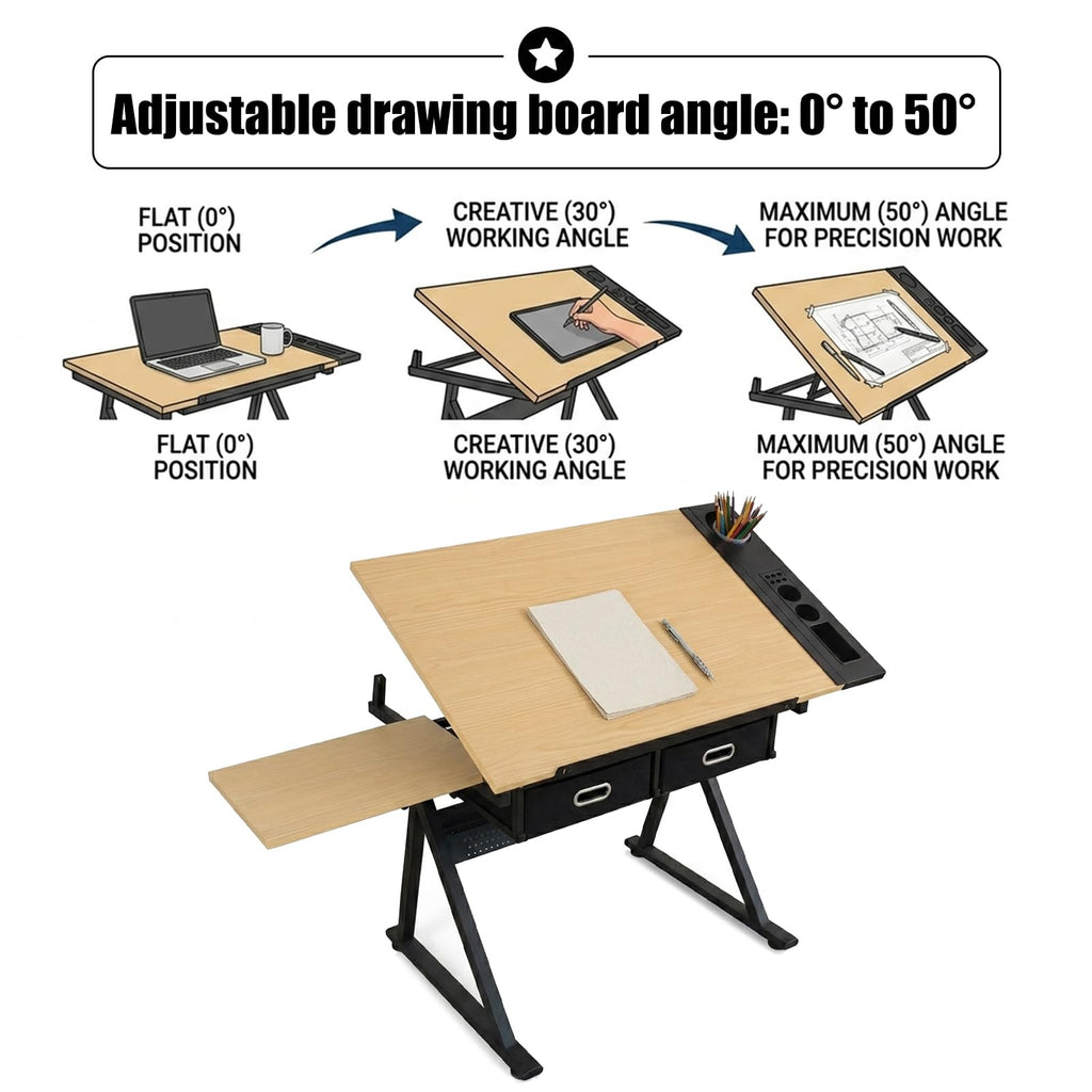 Adjustable Drafting Table, Tiltable Art Drawing Desk with 2 Storage Drawers & Stool, Multi-Functional Art Workstation for Artist Painting Craft Reading Writing (Black-B)