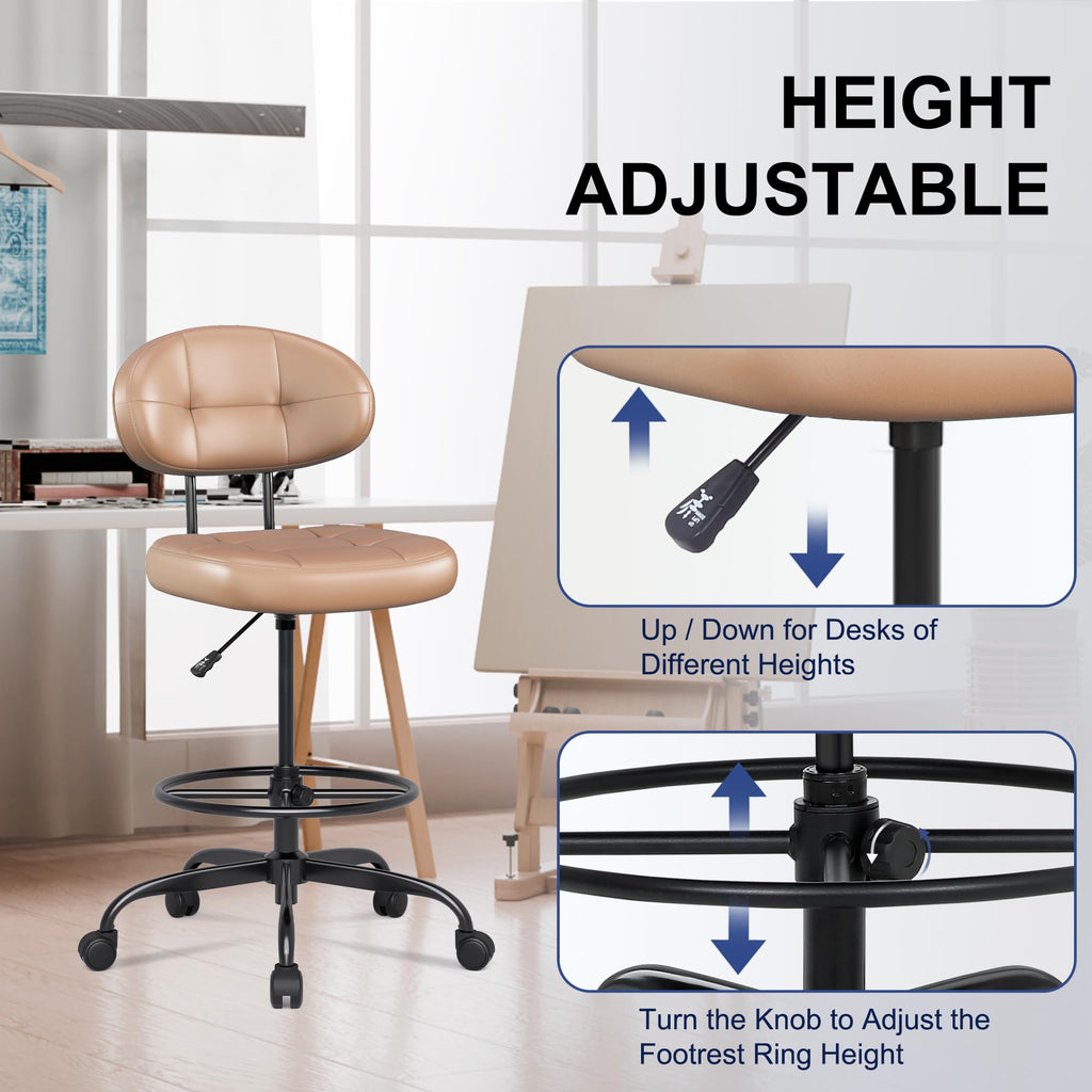 Misolant Drafting Chair, Armless Tall Office Chair with Footrest Ring for Standing Desk, Small Faux Leather Executive Computer Chair with Adjustable Height for Bar Lab Counter Height Desk, Green