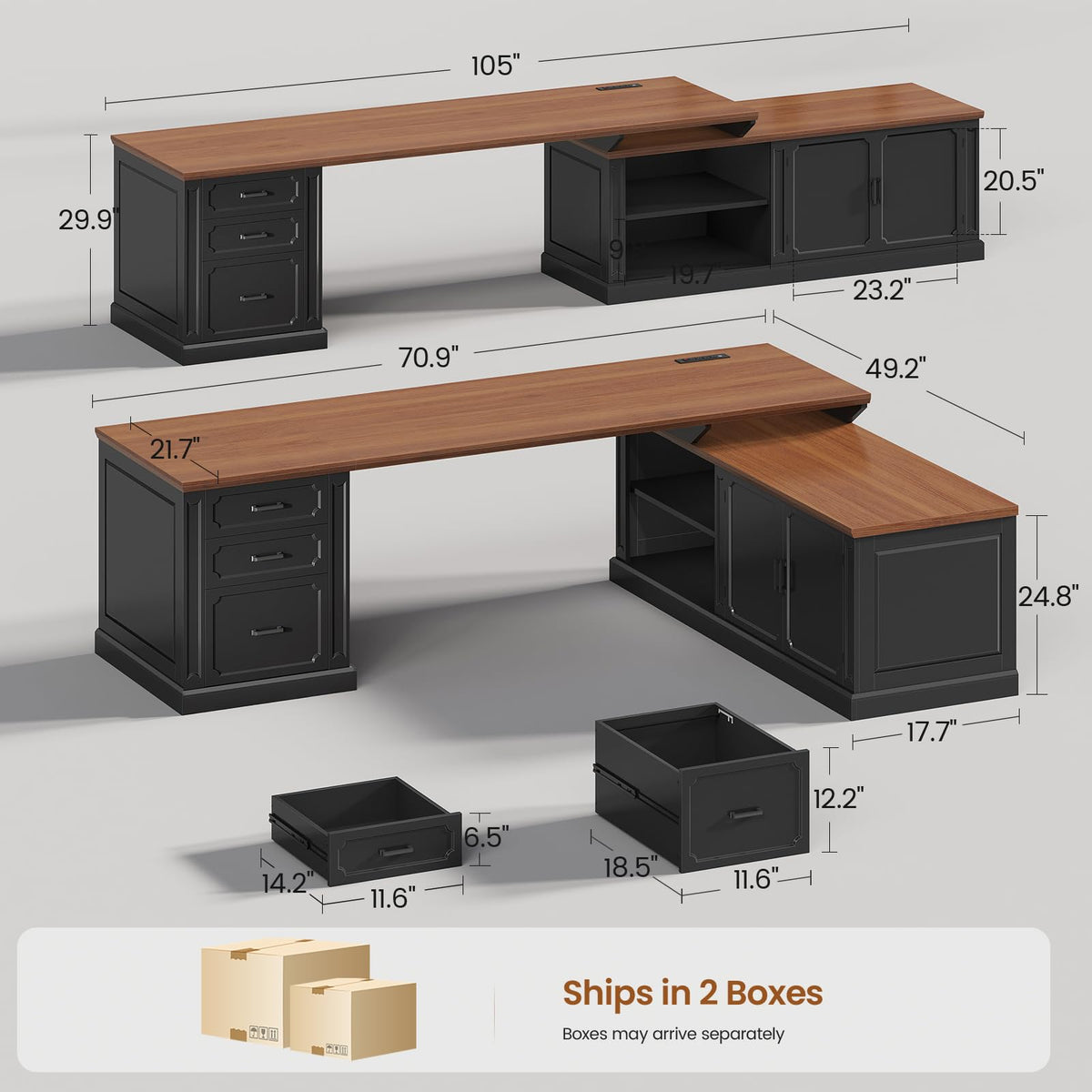 SEDETA Farmhouse 70.9" Executive Desk, Home Office Desk with File Drawers and Storage Cabinet, Computer Desk with Power Outlet for Home Office, Work Study Writing, Black+Brown