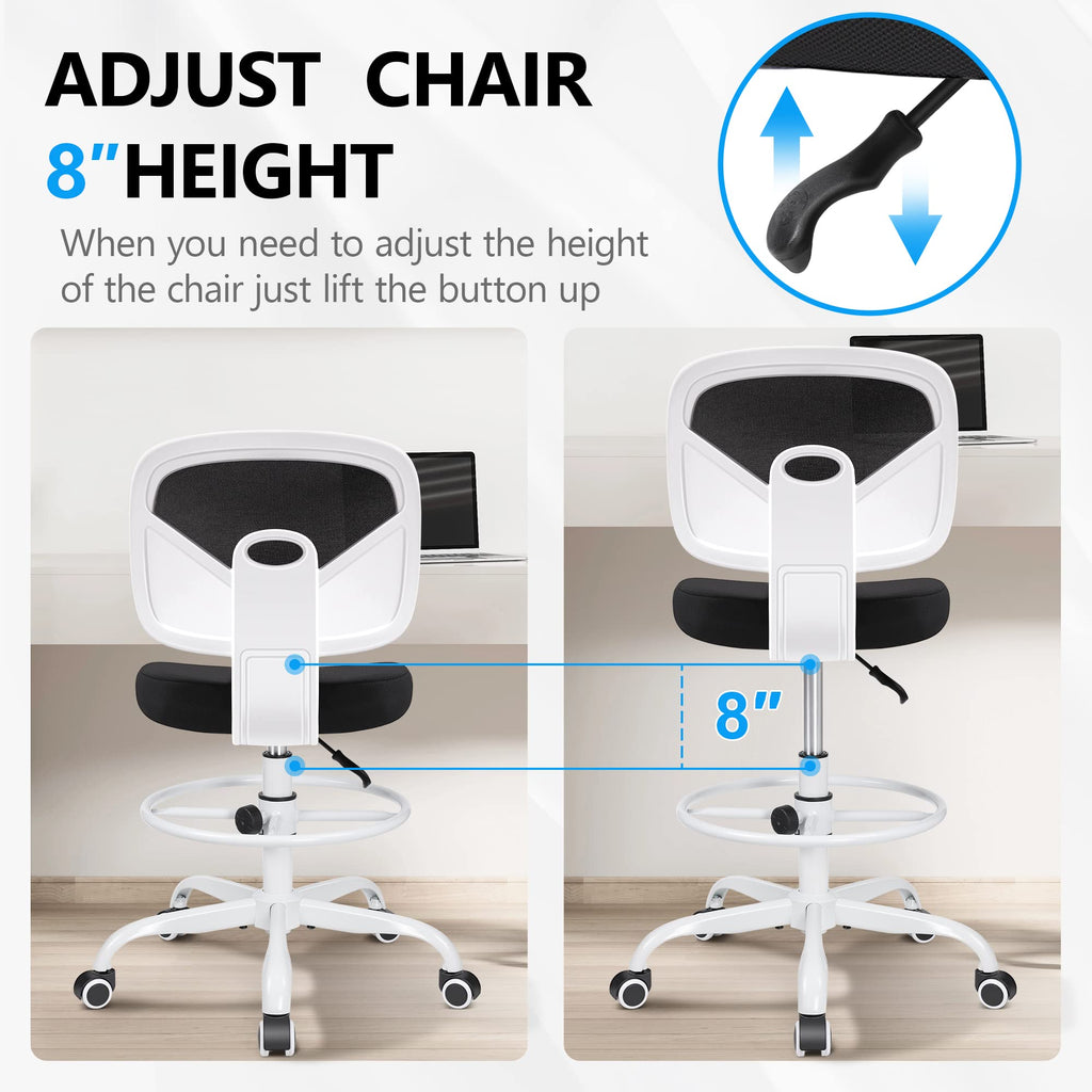 Primy Tall Drafting Desk Chair - Armless, Adjustable Height, Mesh Back, Rolling, Standing Desk Chair for Art Room, Office or Home (Black)
