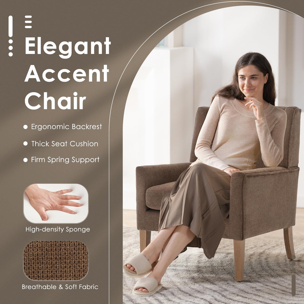 COLAMY Modern Wingback Living Room Chair, Upholstered Fabric Accent Armchair, Single Sofa Chair with Lounge Seat and Wood Legs for Office/Bedroom/Reading Spaces, Beige