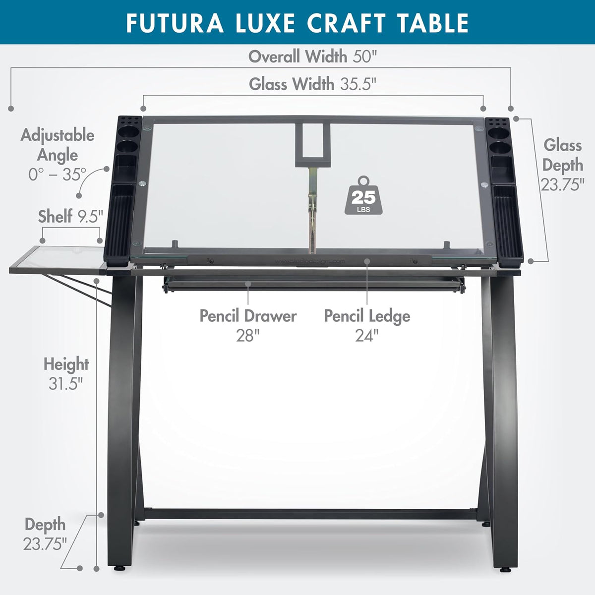 SD STUDIO DESIGNS Futura Luxe Drawing, Drafting, Craft Table with Drawer, 35" Wide Angle Adjustable Top and Side Shelf, Pewter Grey/Clear Glass