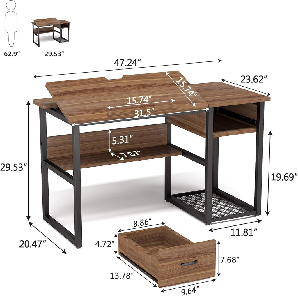 Lailang 47 Inch Computer Desk, Rectangular Office Desk, Drafting Table with Storage, Wood PC Desk, Art Desk for Adults, Small Writing Desk, 47 x 24 x 30 Inch, Walnut Black