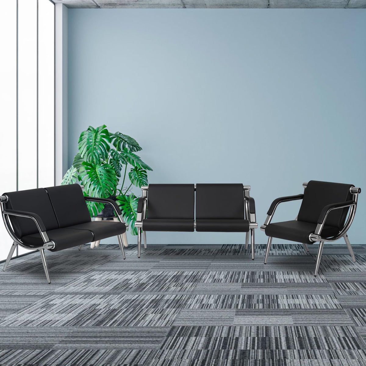 Kinfant Waiting Room Chair- Office Reception Furniture with Armrest and PU Leather Cushion, Office Guest Chair for Waiting Room Airport Hospital Bank Lobby, Black (1 Seat*2+2 Seat)