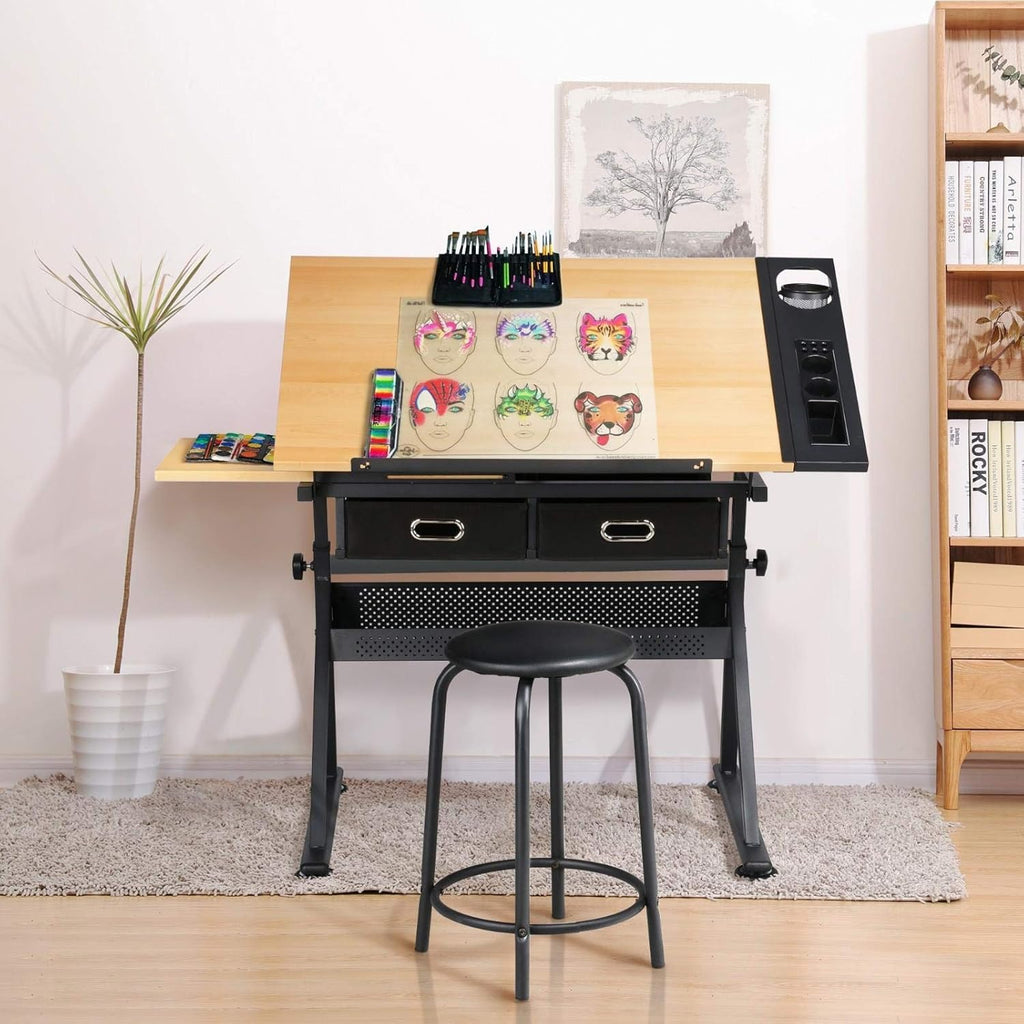 Adjustable Drawing Table with 3 Drawers & Stool, for Art & Work