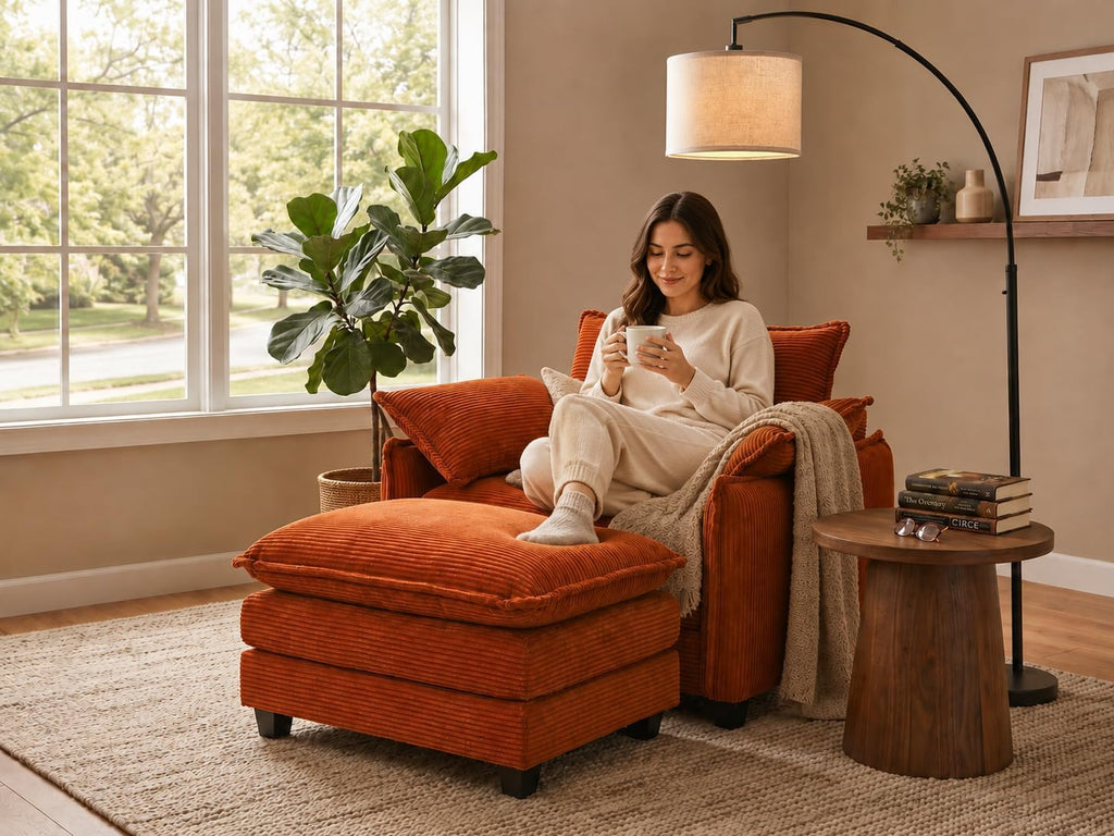 Oversized Chair with Ottoman, Corduroy Reading Chair with Footrest, Comfy Accent Armchair for Living Room Bedroom, Single Sofa Lounge Chair, 350 lbs (Orange)