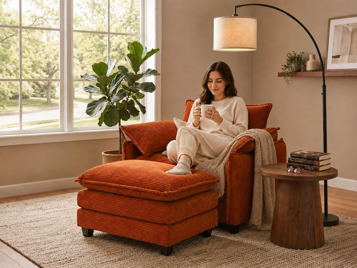 Oversized Chair with Ottoman, Corduroy Reading Chair with Footrest, Comfy Accent Armchair for Living Room Bedroom, Single Sofa Lounge Chair, 350 lbs (Orange)