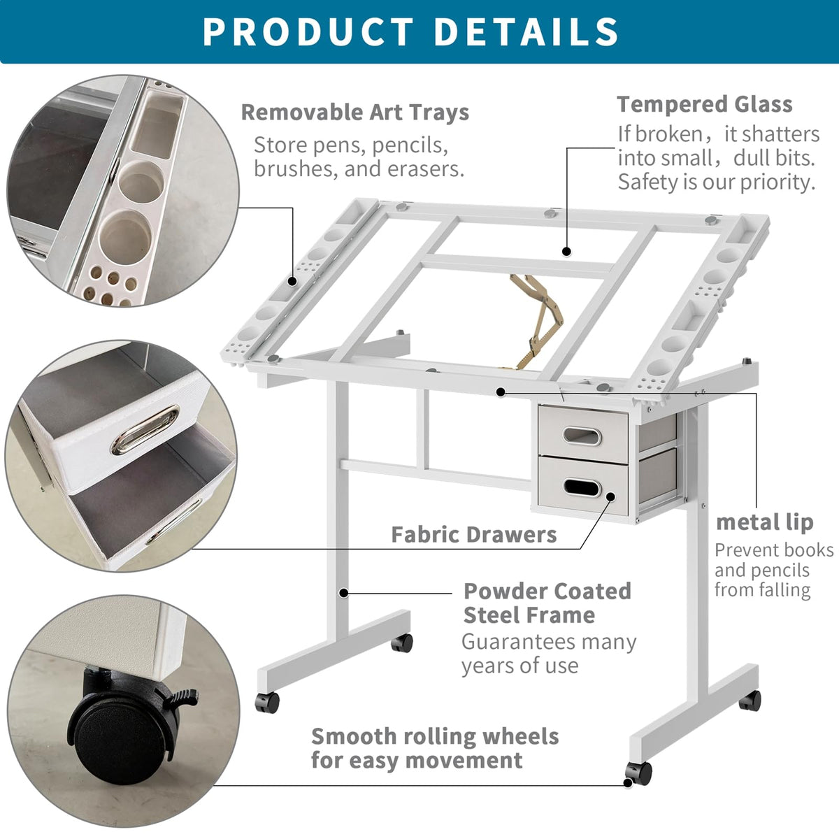 Drafting Table, Adjustable Height Drawing Table Art Table Painting Table Art Craft Desk with 0-75Â° Tilting Glass Tabletop and Storage Drawers, Black