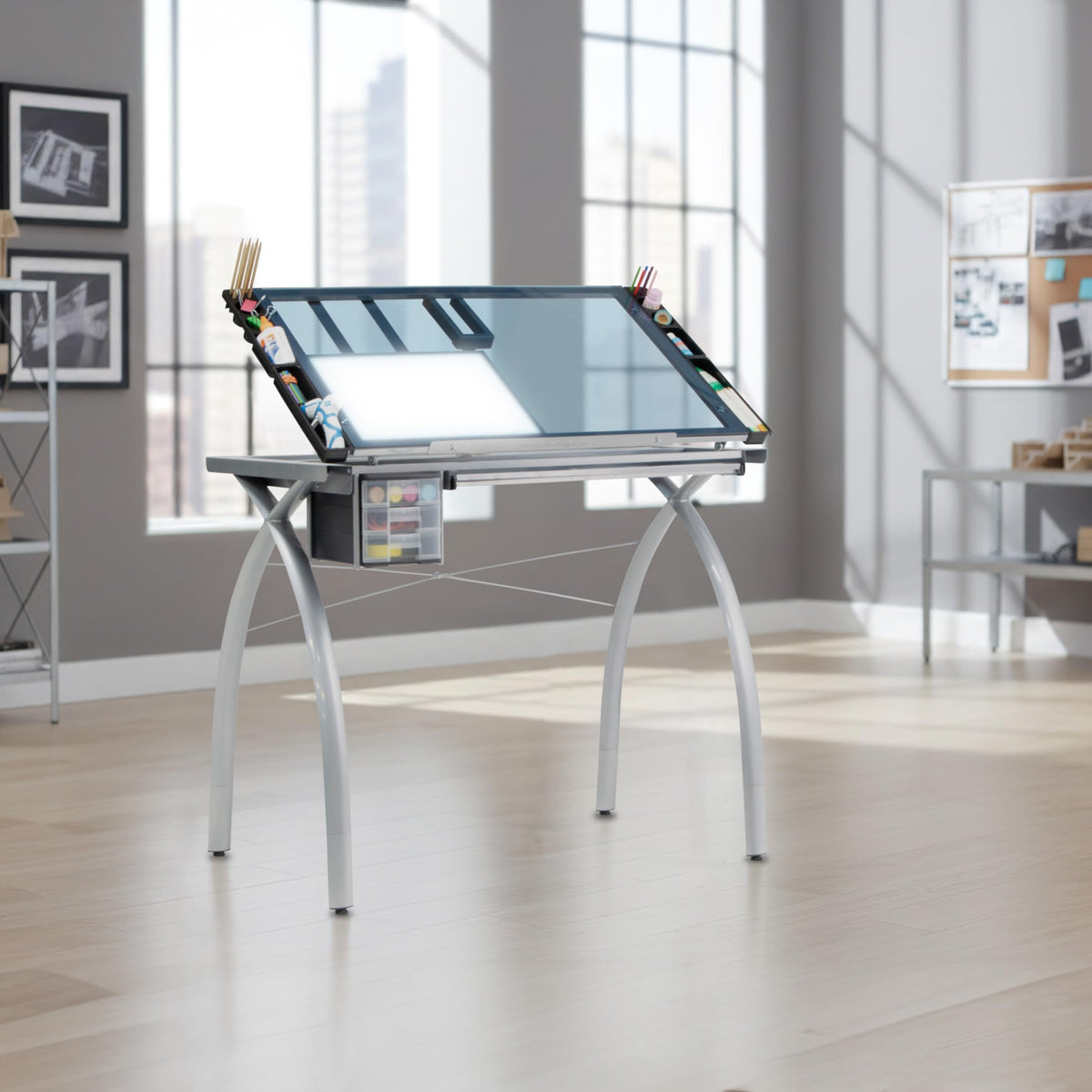 SD Studio Designs 10096 Futura Station with Folding Shelf Top Adjustable Drafting Craft Drawing Hobby Table Writing Studio Desk with Drawer, 35.5'' W x 23.75'' D, White/Clear Glass