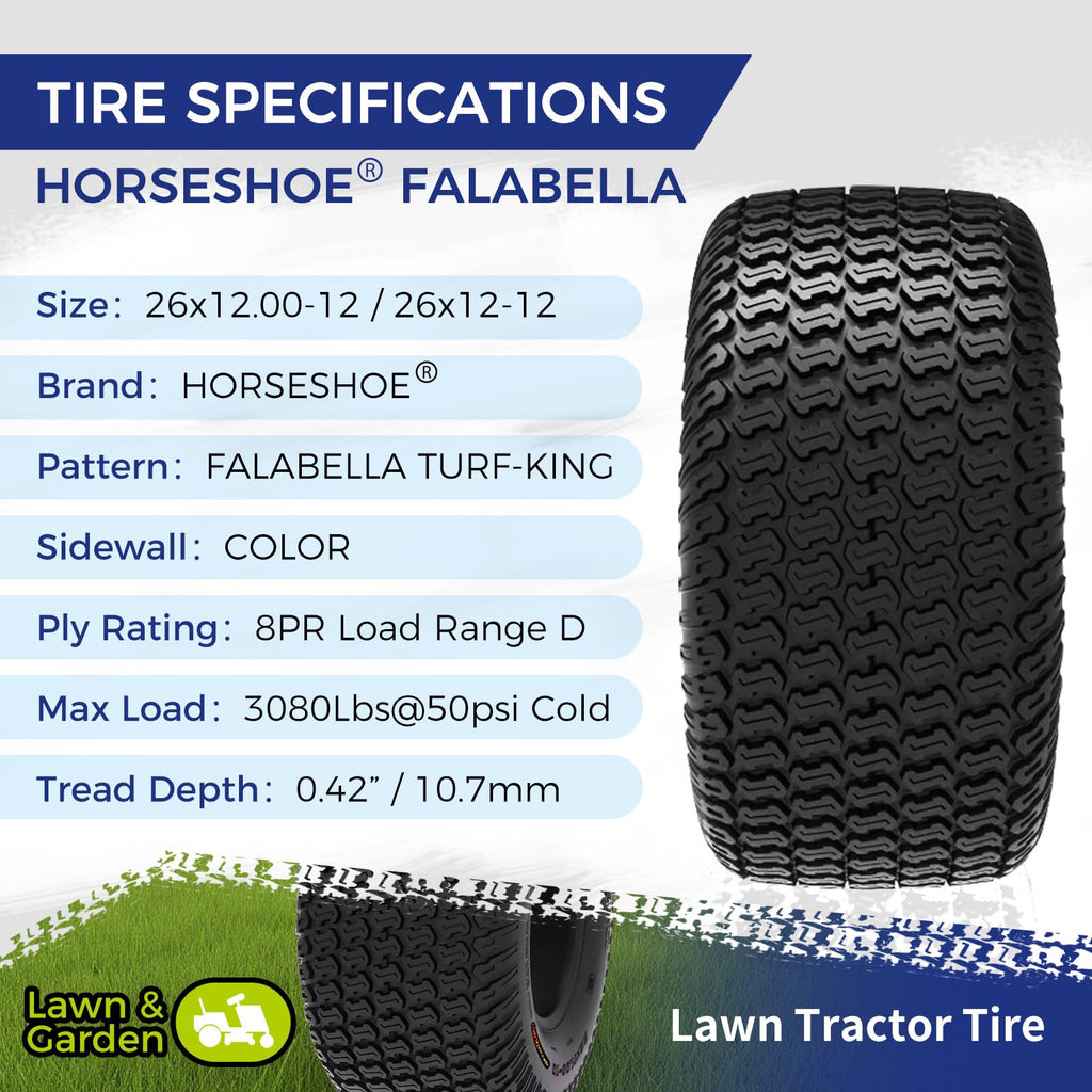 HORSESHOE FALABELLA (2-Pcs) 24X9.50-12 6-PLY LRC Lawn Mower 24x9.5x12 Riding Machine Golf Carts 24x9.5-12 Turf Equipment & Tractors Tires, Heavy Duty Turf-King, Color Sidewall