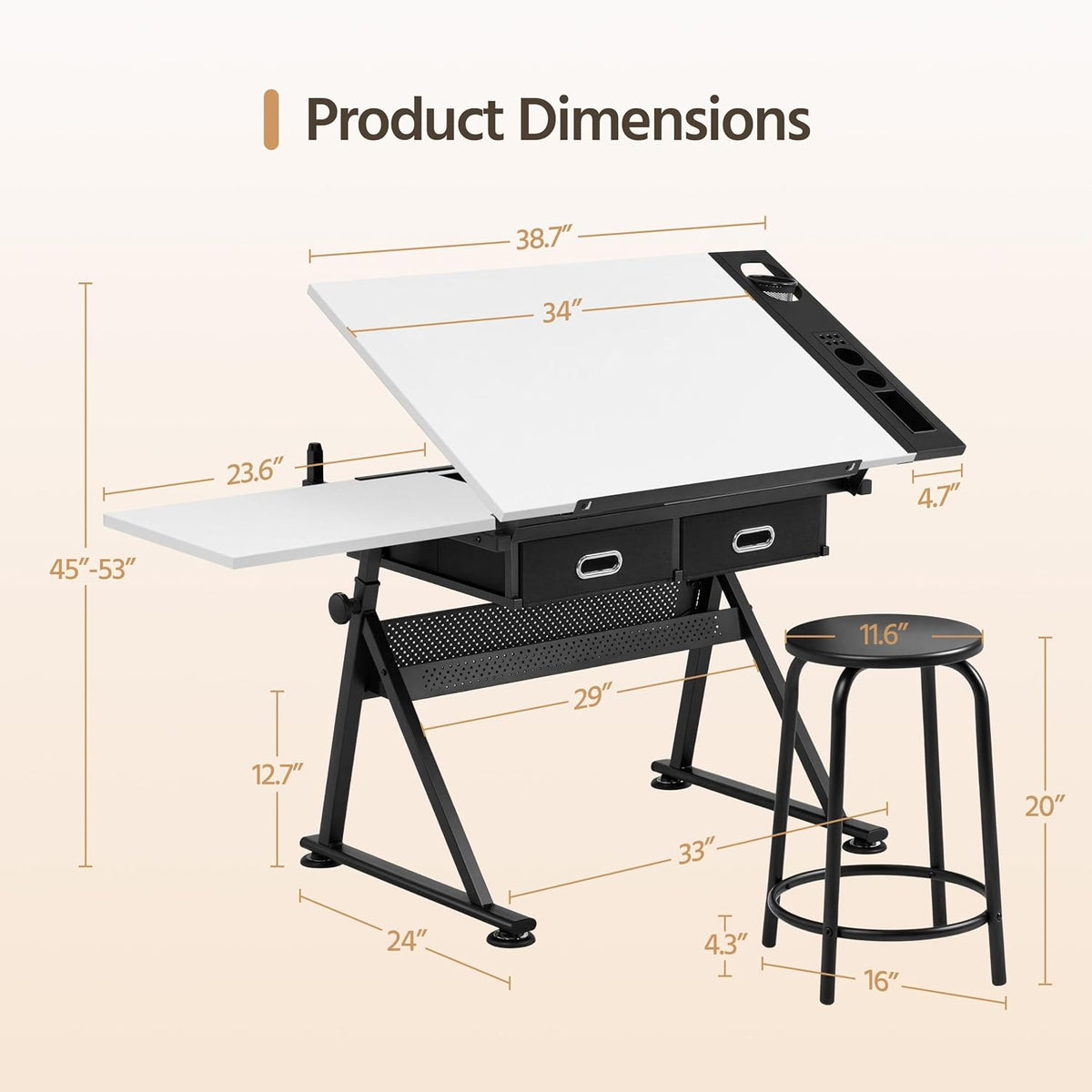 Yaheetech Adjustable Drafting Table Art Desk,Storage Drawers & Stool,White