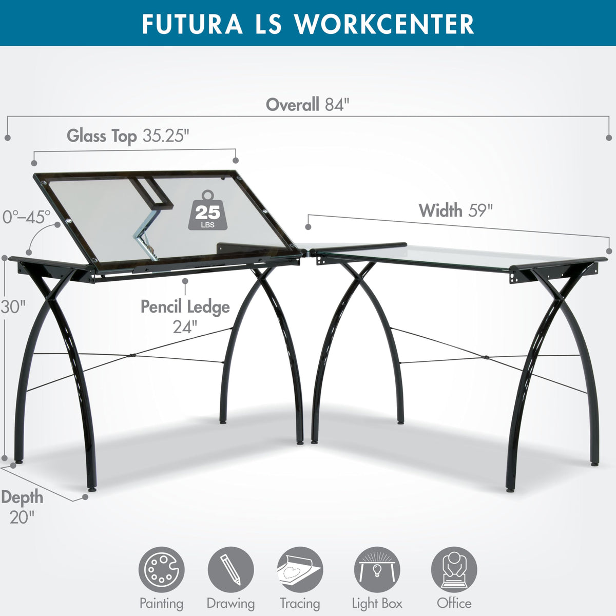 SD STUDIO DESIGNS Futura LS WorkCenter with Tilt Top Adjustable Drafting Table Craft Table Drawing Desk Hobby Table Writing Desk Studio Desk, Silver / Blue Glass