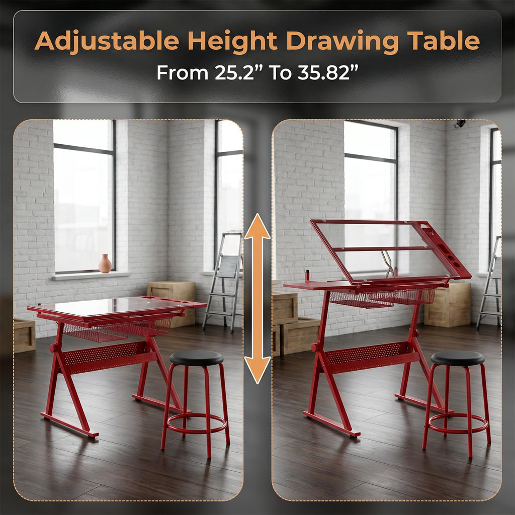 White Drafting Table with Stool Height Adjustable Art Craft Desk with Storage, Tilting Tempered Glass Tabletop, Expansion Board, Drawing Table for Home Office, Artists, Painters
