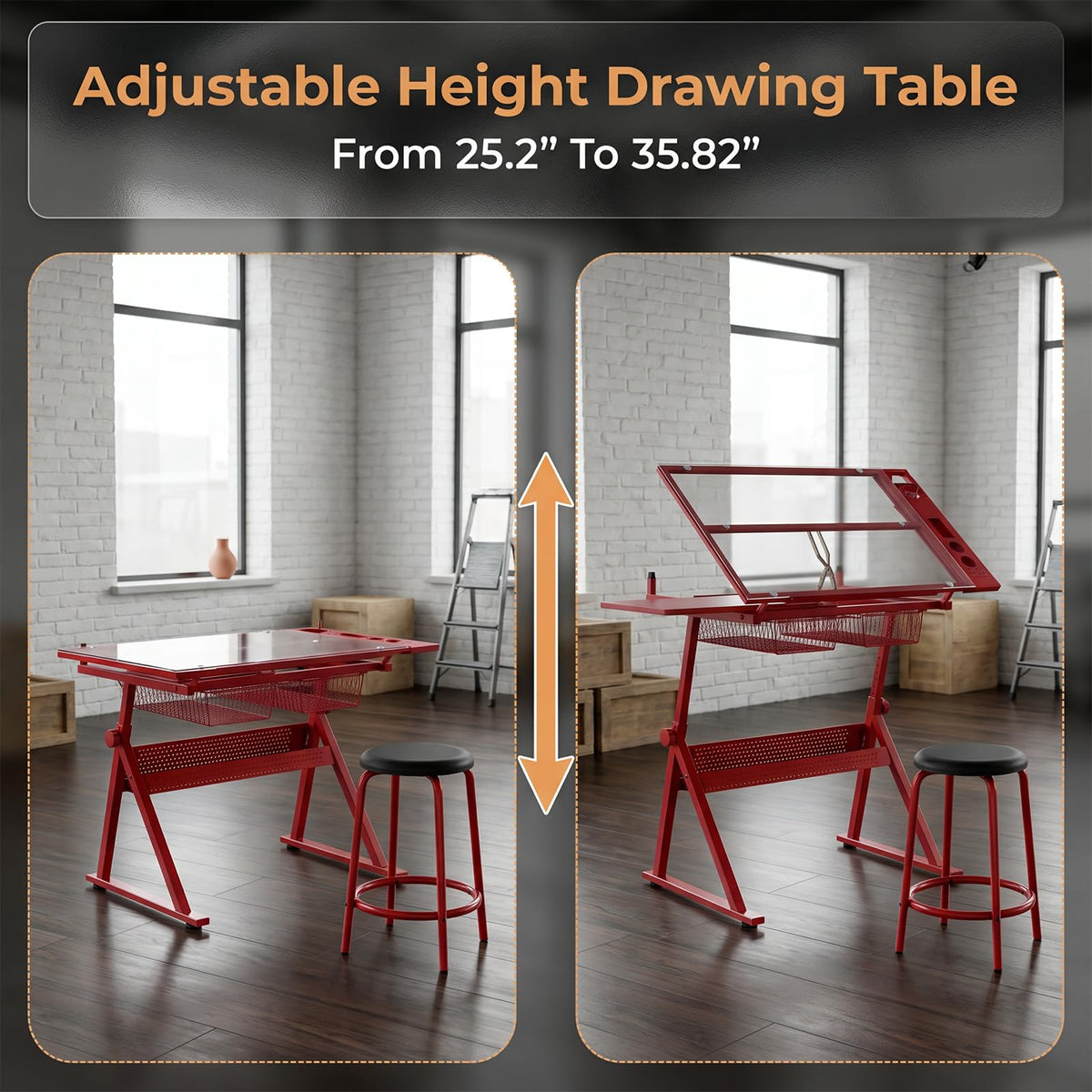 White Drafting Table with Stool Height Adjustable Art Craft Desk with Storage, Tilting Tempered Glass Tabletop, Expansion Board, Drawing Table for Home Office, Artists, Painters