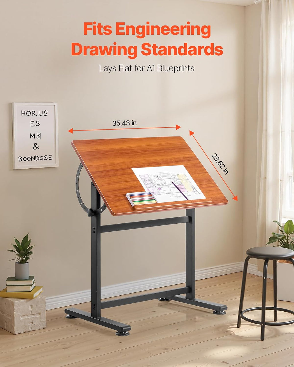 VEVOR Drafting Table, Adjustable 0Â°â90Â° Tilt Drawing Desk, Portable Artist Table with Black H-Frame and Brown Desktop, Wooden Painting Desk Craft Workstation for Reading, Writing, Crafting, Meeting